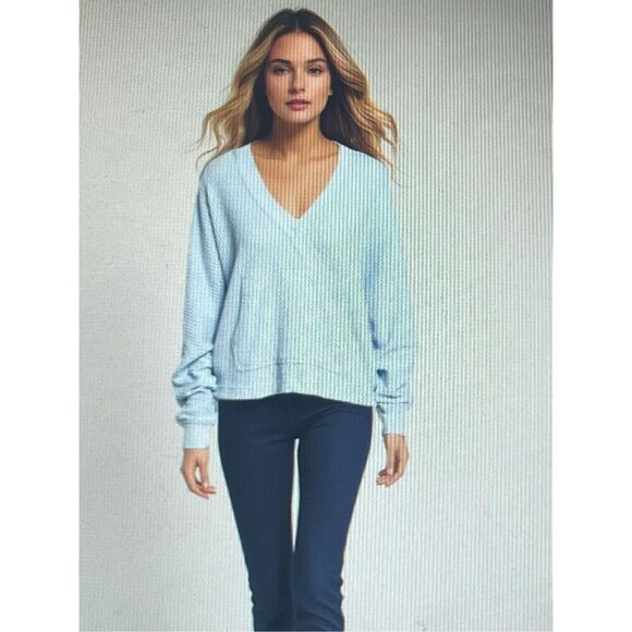 Three Dots Tops - Three Dots Kentucky Blue Cropped Thermal Hoodie Sweatshirt Size M